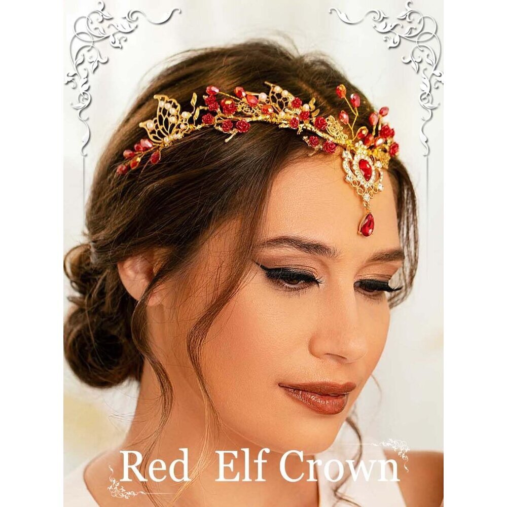 Red Fairy Headband Rhinestone Elf Headpiece for Women Renaissance Costume - Picture 3 of 7